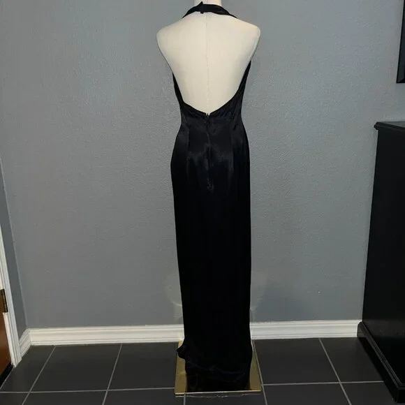 VINTAGE NADINE BLACK SATIN BACKLESS HALTER MAXI GOWN POCKETS Made in USA NWT - 9 - Picture 7 of 14